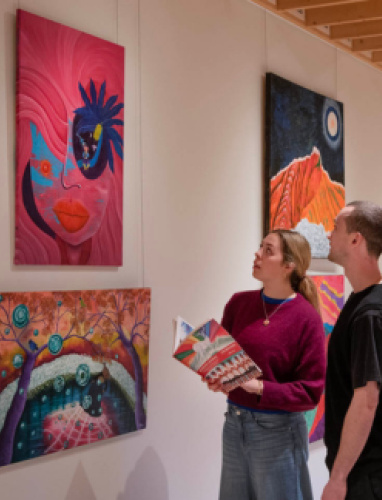 Students looking at art